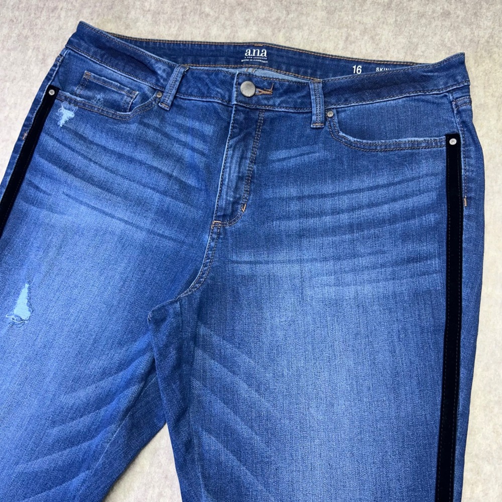 ANA a.n.a. Skinny Ankle Jeans Blue Distressed Velvet Tuxedo Stripe Size 16